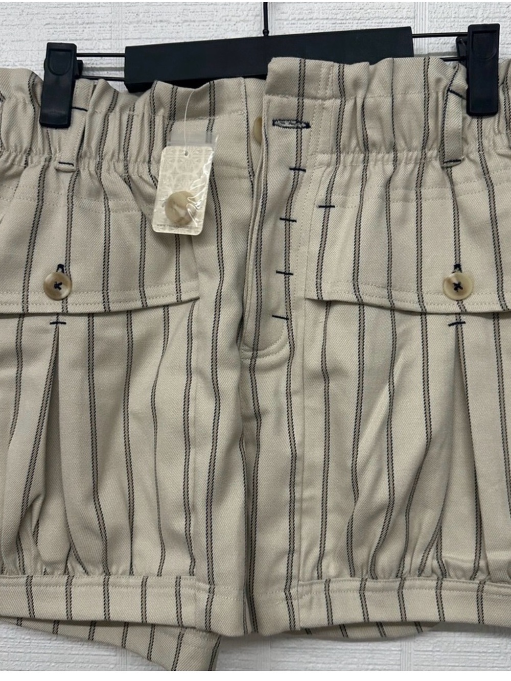 Free People Harriet O Balloon Style Beige Shorts with Black Pinstripes